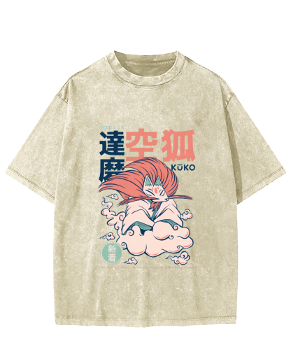 Japanese Abstract And Personalized Fox Pattern Vintage Distressed T-shirt-Zazasy