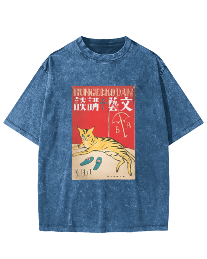 Japanese Cat Pattern Vintage Distressed T-shirt-Zazasy