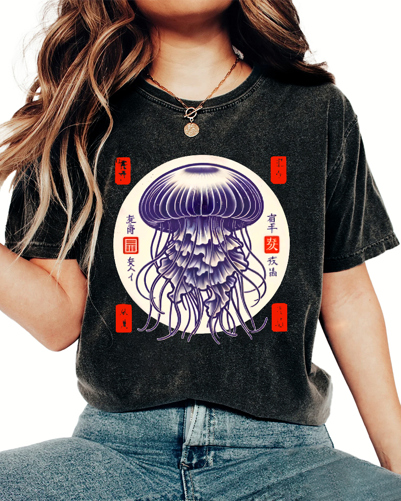 Japanese jellyfish Vintage Washed T-shirt-Zazasy