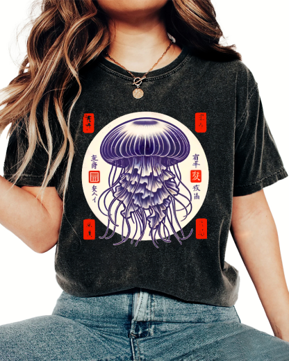 Japanese jellyfish Vintage Washed T-shirt-Zazasy