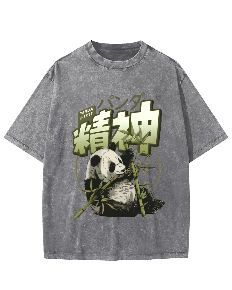 Panda Who Loves Bamboo, Japanese Style Vintage Washed T-shirt-Zazasy
