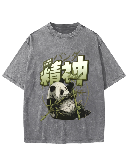 Panda Who Loves Bamboo, Japanese Style Vintage Washed T-shirt-Zazasy