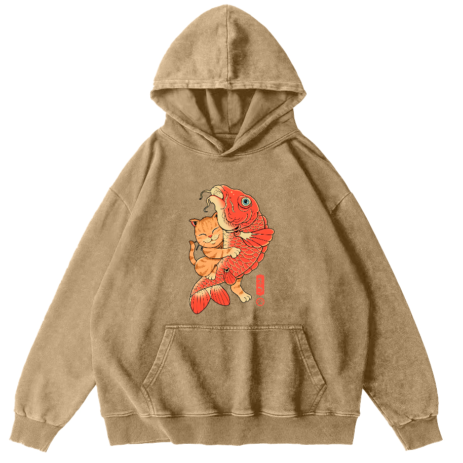Cat Embracing Koi Fish Vintage Distressed Hoodie-Zazasy