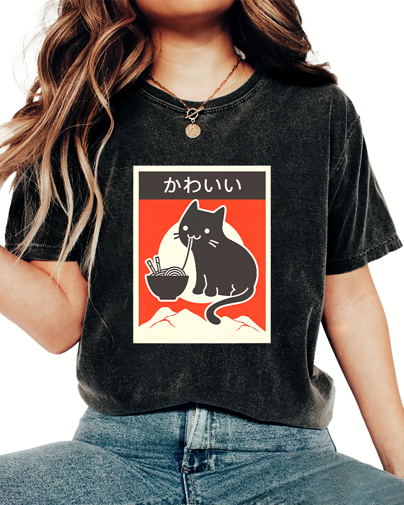 Noodle Eating Cat Japanese Style Washed T-shirt-Zazasy