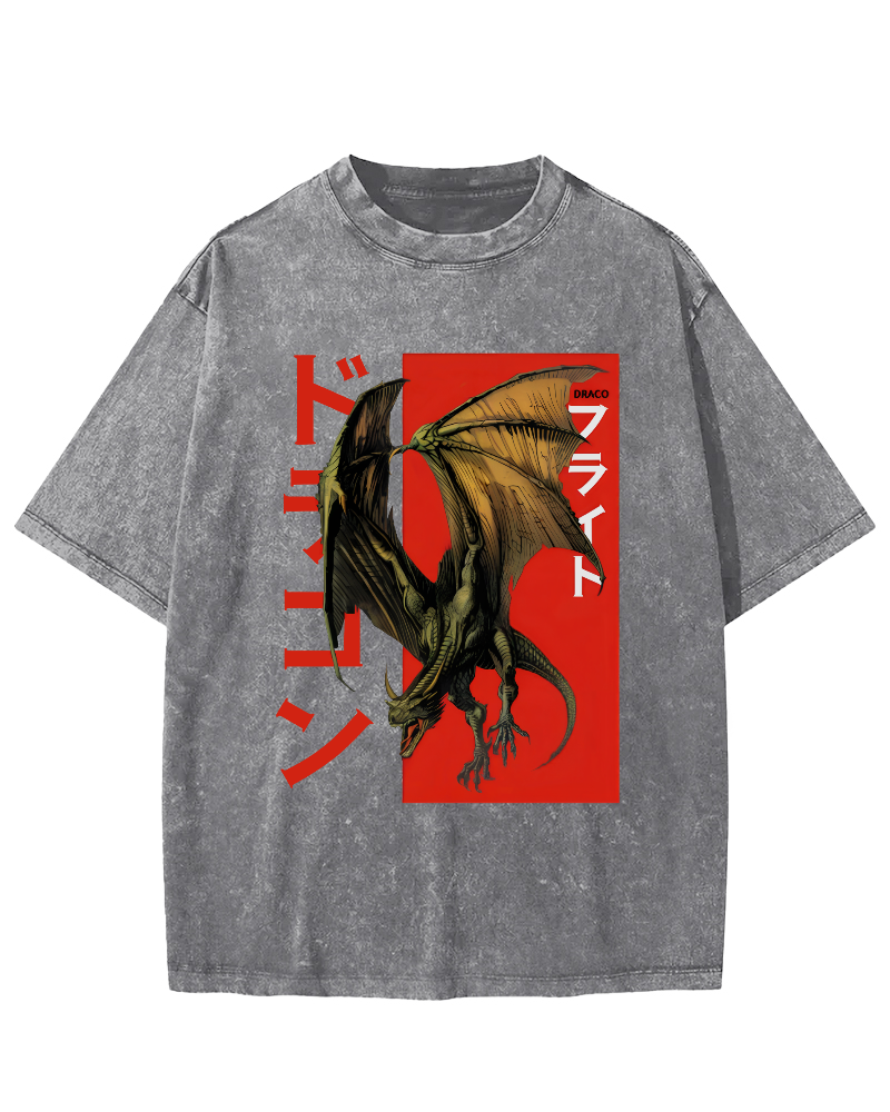 Pterosaur Monster Japanese Style Vintage Washed T-shirt-Zazasy