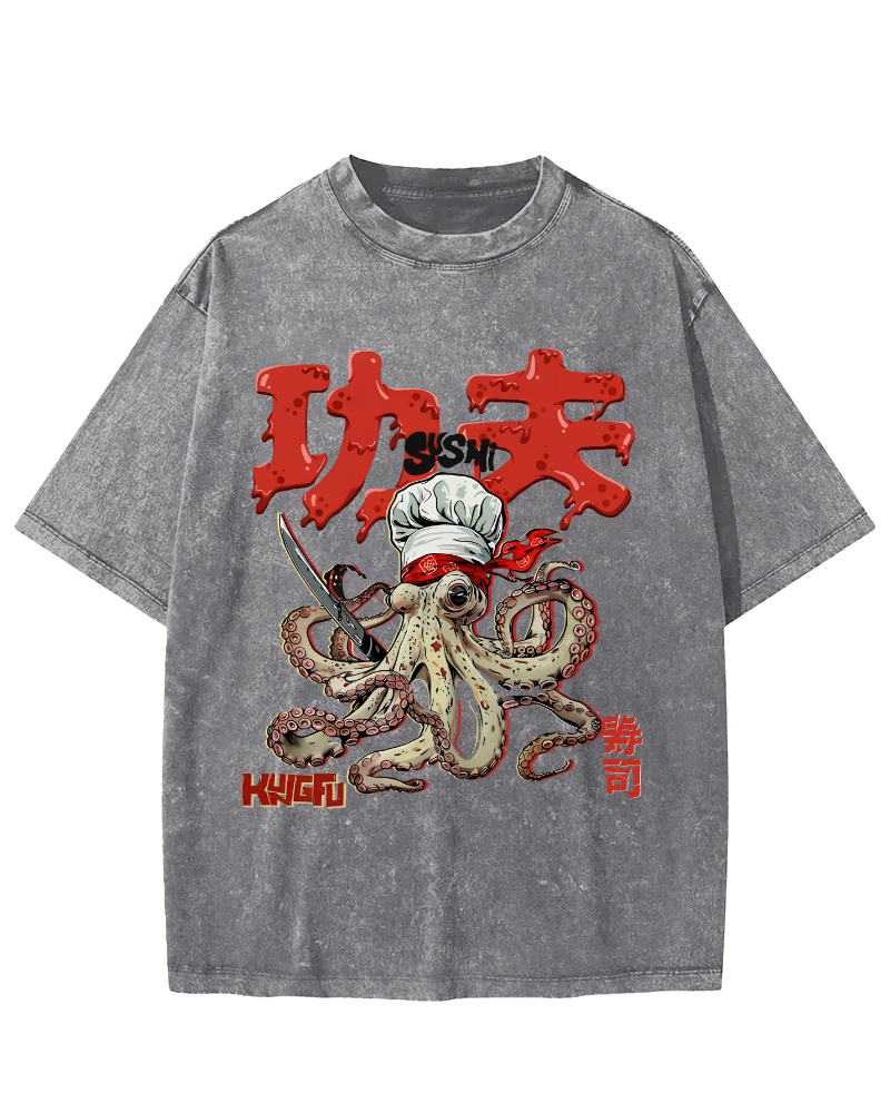Kung Fu Sushi Japanese Vintage Washed T-shirt-Zazasy
