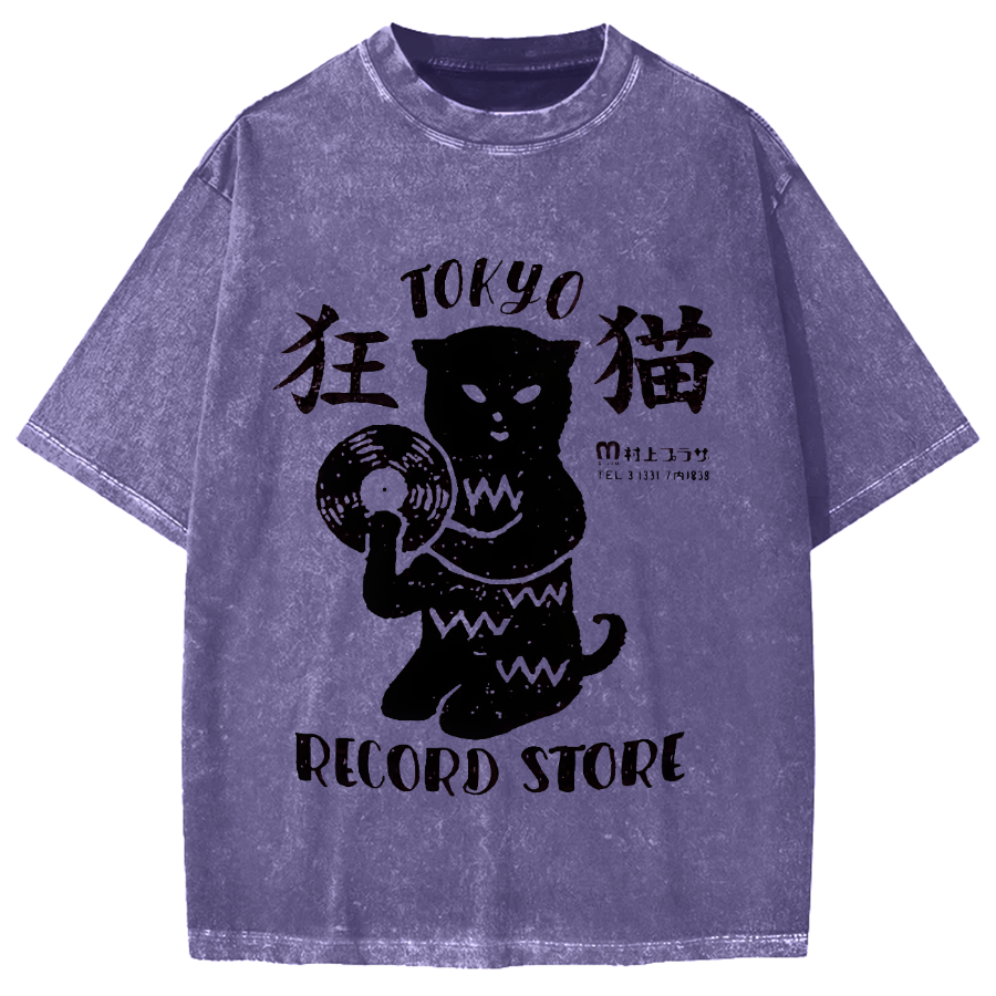 Crazy Cat Japanese style Poster Vintage Washed T-shirt