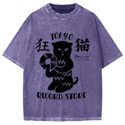 Crazy Cat Japanese style Poster Vintage Washed T-shirt