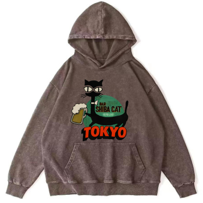 Tokyo Black Cat Vintage Distressed Hoodie-Zazasy