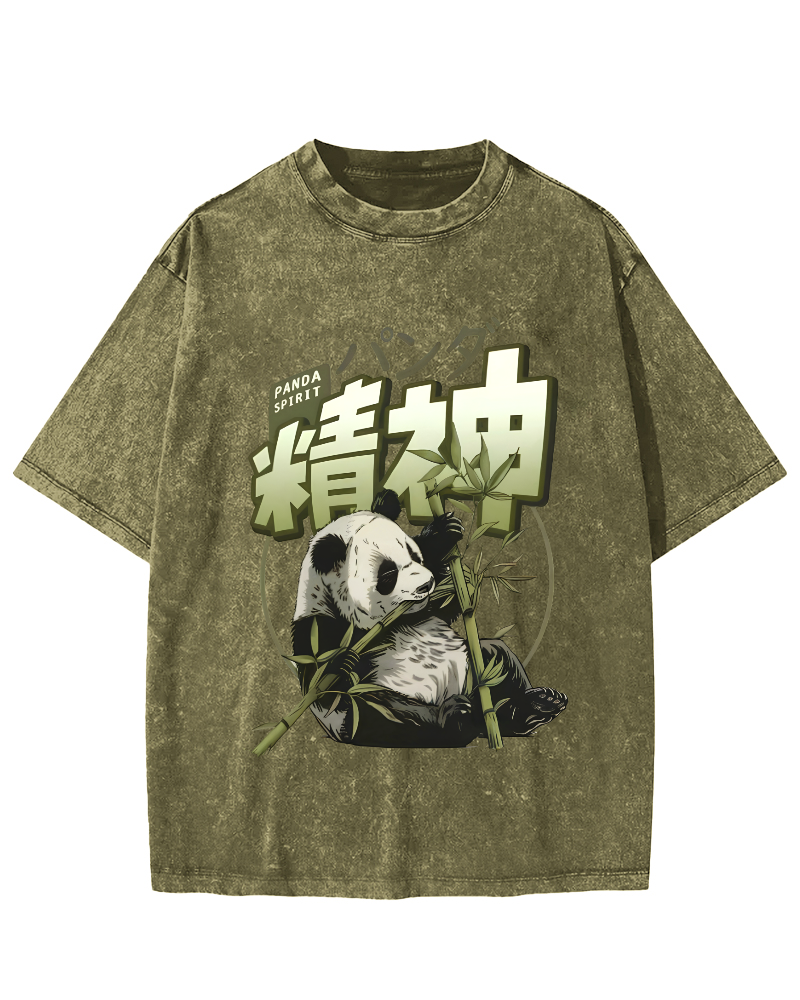 Panda Who Loves Bamboo, Japanese Style Vintage Washed T-shirt-Zazasy