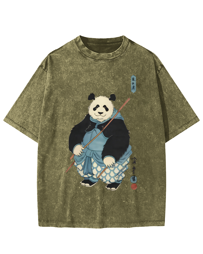 Panda Hero Japanese Style Vintage Washed T-shirt-Zazasy