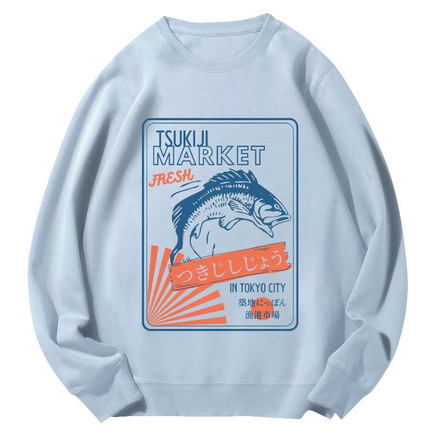 Tsukiji Seafood Market in Japan Round Neck Sweatshirt-Zazasy