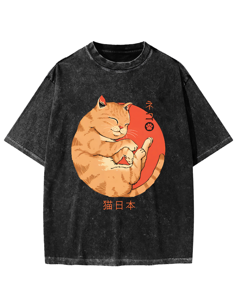 Lazy Japanese Cat Vintage Distressed T-shirt-Zazasy