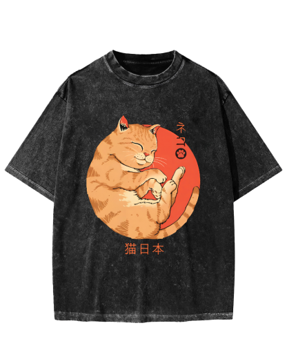 Lazy Japanese Cat Vintage Distressed T-shirt-Zazasy