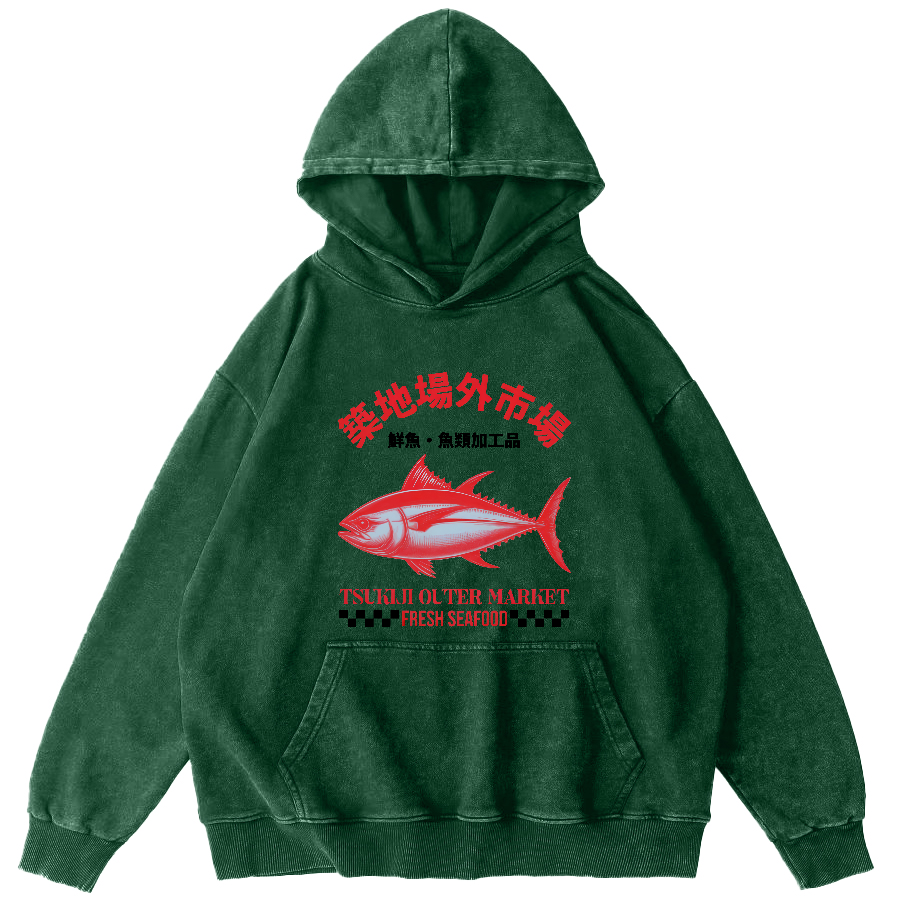Japanese Seafood Market Tuna Vintage Distressed Hoodie-Zazasy