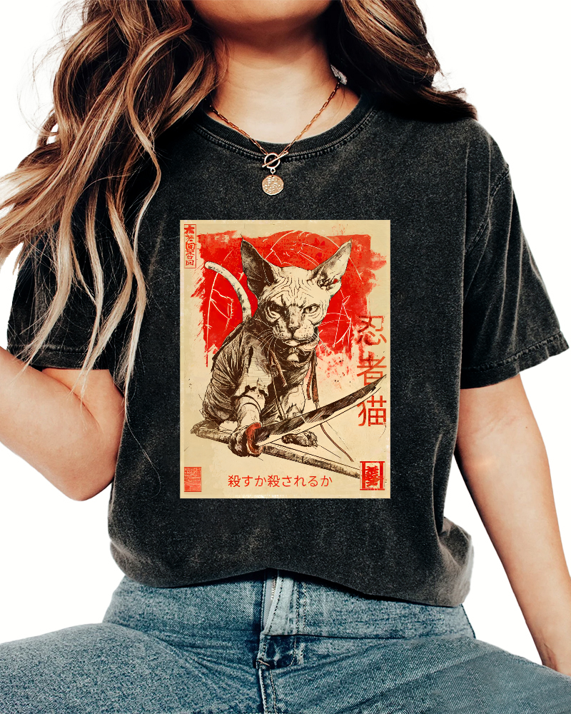 Retro Samurai Cat Japanese Style Vintage Distressed T-shirt-Zazasy