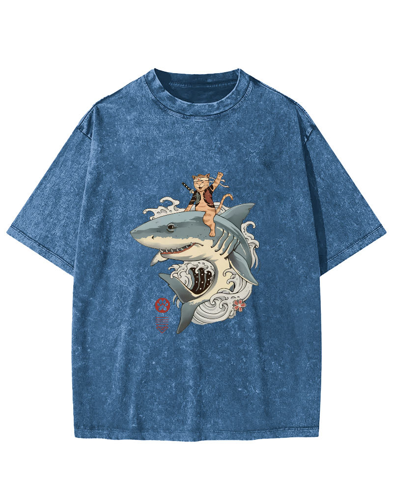 Shark Riding Cat Warrior Japanese Washed T-shirt-Zazasy
