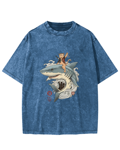 Shark Riding Cat Warrior Japanese Washed T-shirt-Zazasy