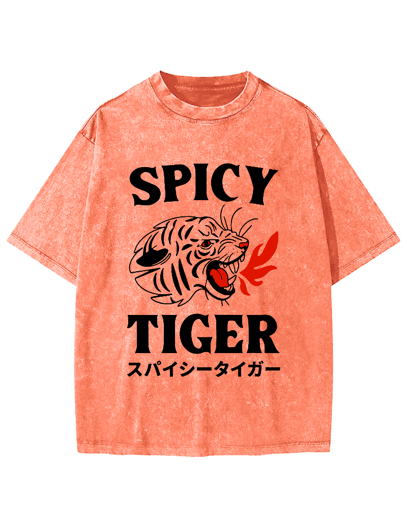 Eating Too Spicy Tiger Japanese Style Food Vintage Washed T-shirt-Zazasy