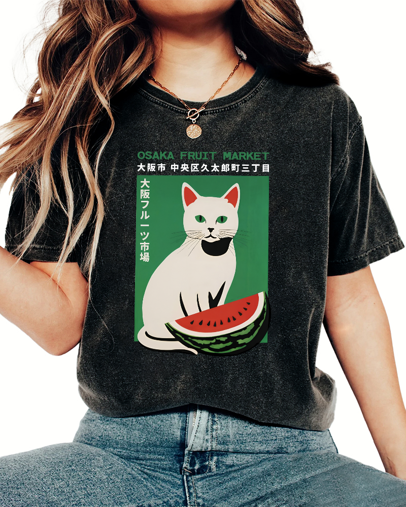 Cat Who Loves To Eat Watermelon Japanese Style Vintage Distressed T-shirt-Zazasy