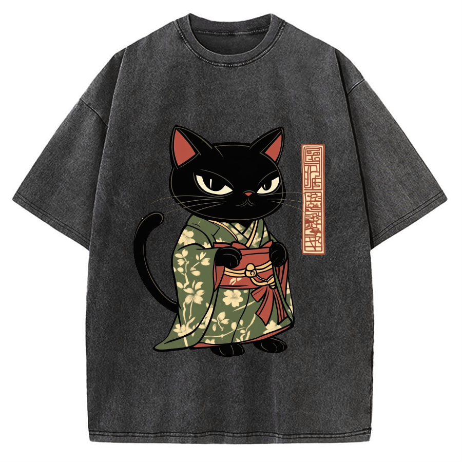 Japanese Cat Geisha Vintage Washed T-shirt