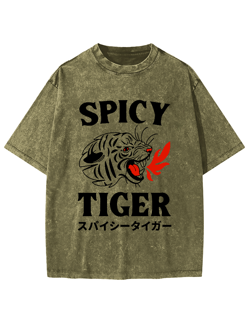 Eating Too Spicy Tiger Japanese Style Food Vintage Washed T-shirt-Zazasy