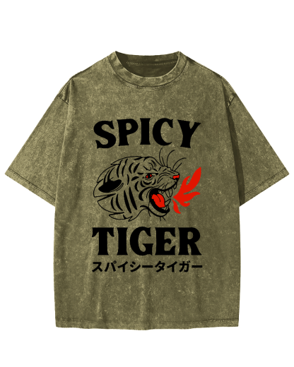 Eating Too Spicy Tiger Japanese Style Food Vintage Washed T-shirt-Zazasy