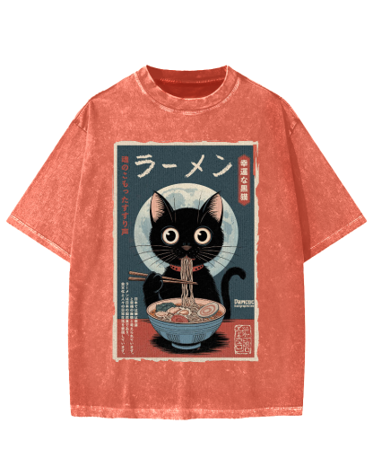 Black Cat Eating Ramen Vintage Washed T-shirt