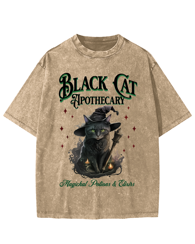 Black Cat Vintage Washed T-shirt-Zazasy