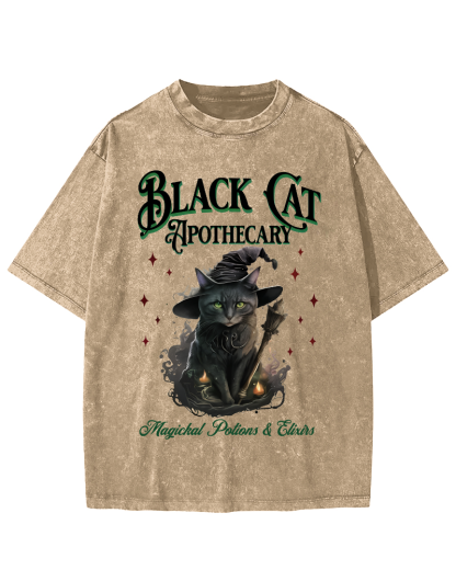Black Cat Vintage Washed T-shirt-Zazasy