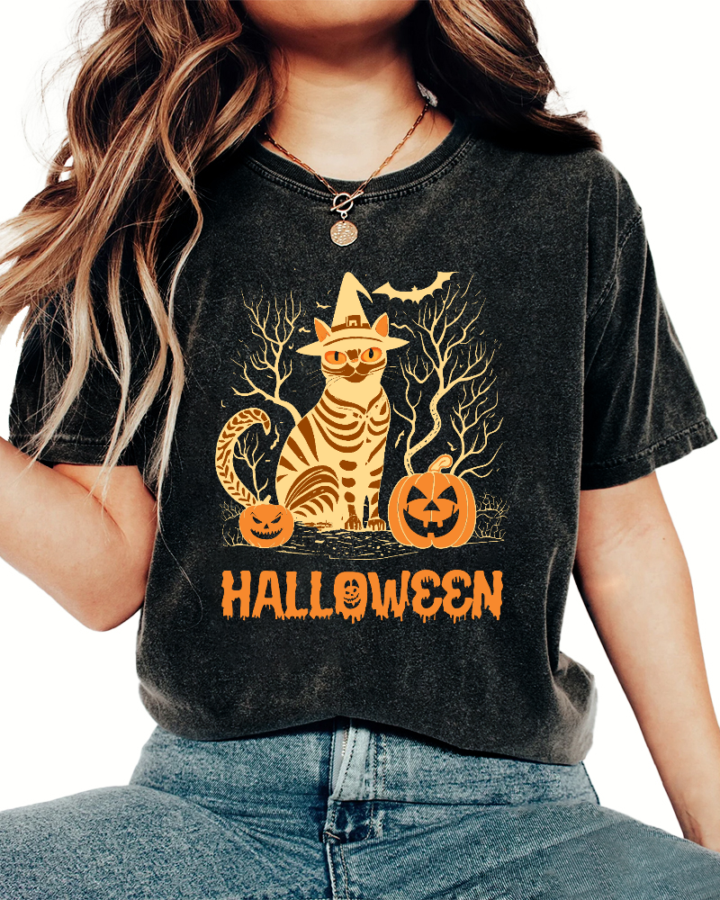 Halloween Cat Vintage Washed T-shirt-Zazasy