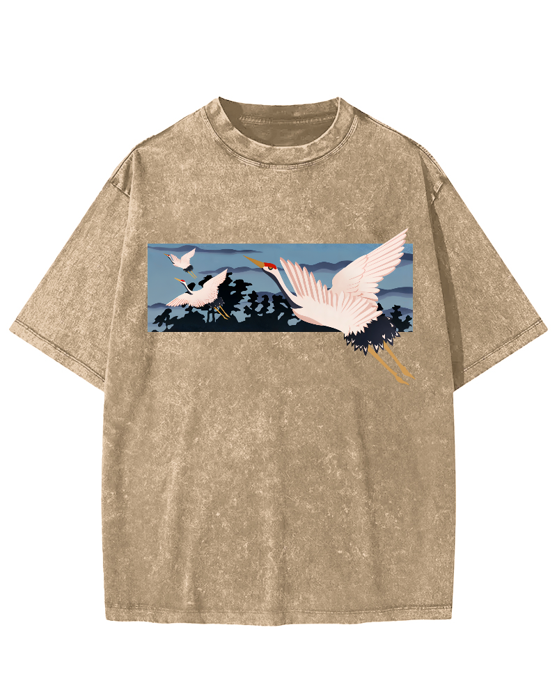 Idle Clouds, Wild Cranes, Japanese Style Vintage Washed T-shirt-Zazasy