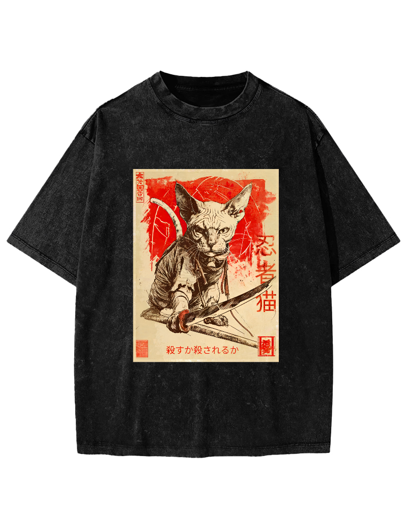 Retro Samurai Cat Japanese Style Vintage Distressed T-shirt-Zazasy