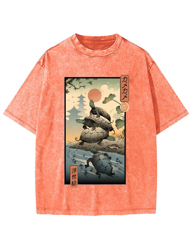 Ukiyoe Turtle Japanese Vintage Washed T-shirt-Zazasy