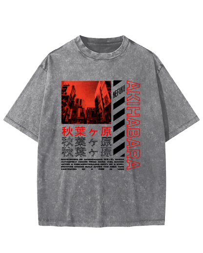 Akihabara Text Vintage Washed T-shirt-Zazasy