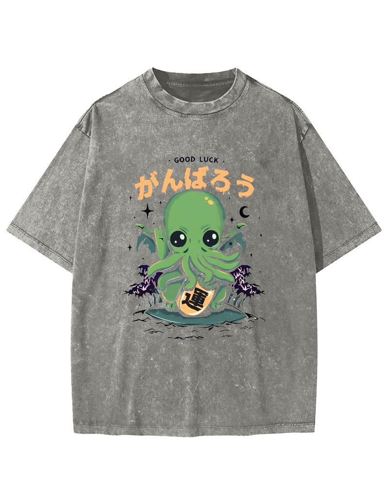 Japanese Lucky Octopus Pattern Vintage Distressed T-shirt-Zazasy