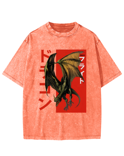 Pterosaur Monster Japanese Style Vintage Washed T-shirt-Zazasy