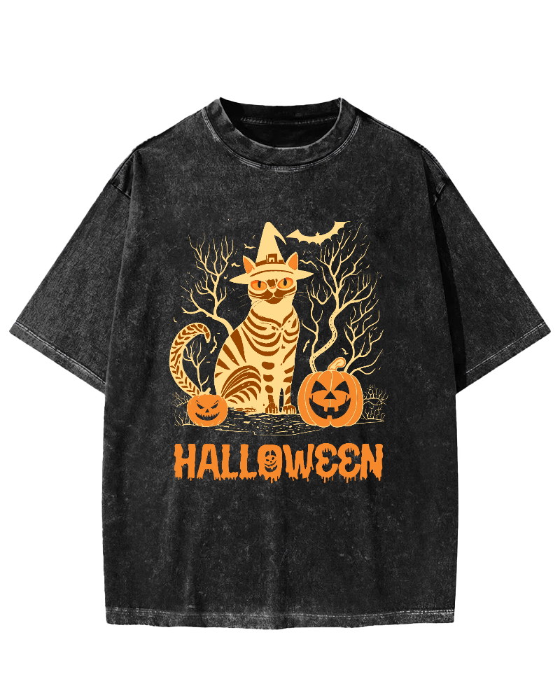 Halloween Cat Vintage Washed T-shirt-Zazasy