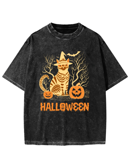 Halloween Cat Vintage Washed T-shirt-Zazasy