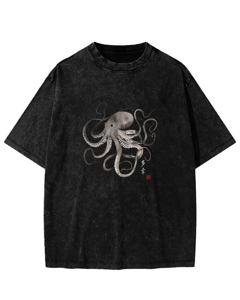 Japanese Octopus Pattern Vintage Distressed T-shirt-Zazasy
