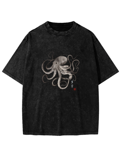Japanese Octopus Pattern Vintage Distressed T-shirt-Zazasy
