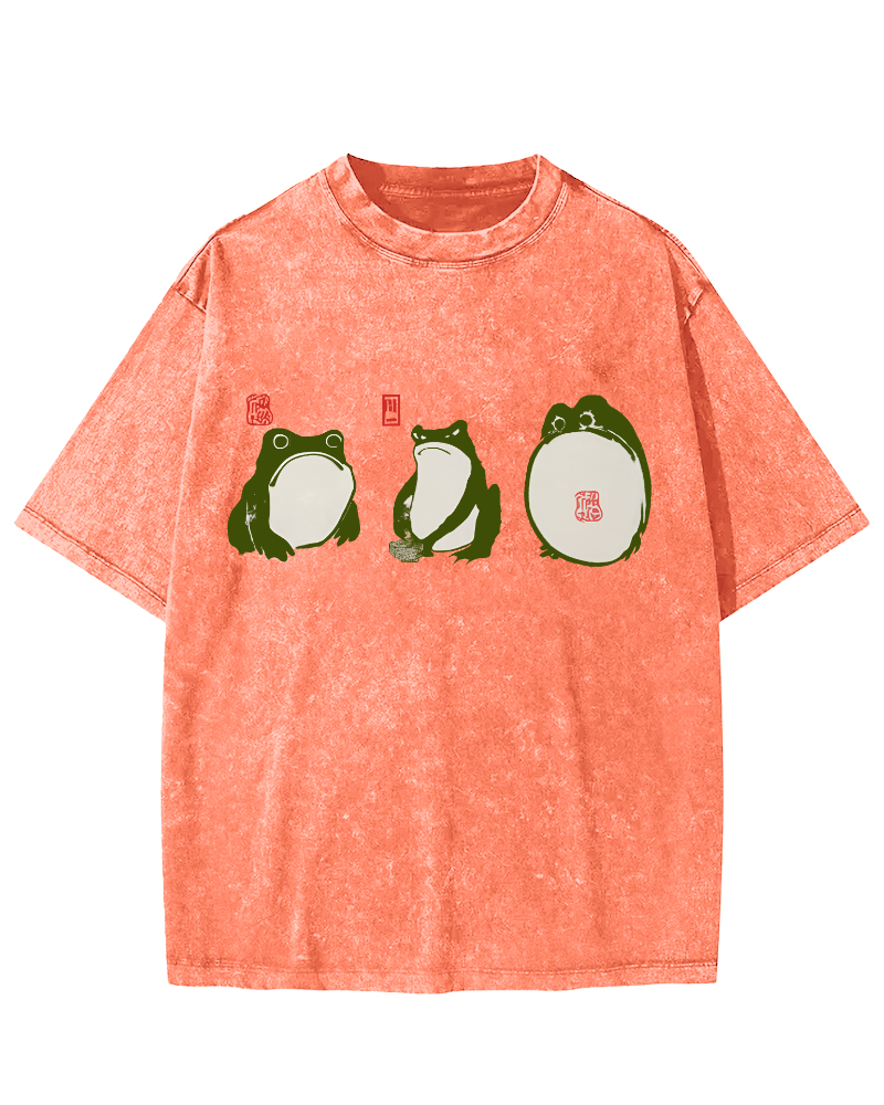 Cute Japanese Frog Vintage Washed T-shirt-Zazasy
