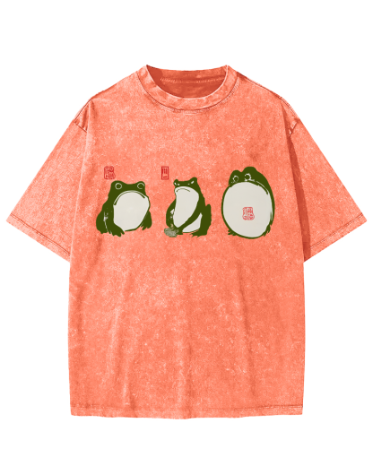Cute Japanese Frog Vintage Washed T-shirt-Zazasy