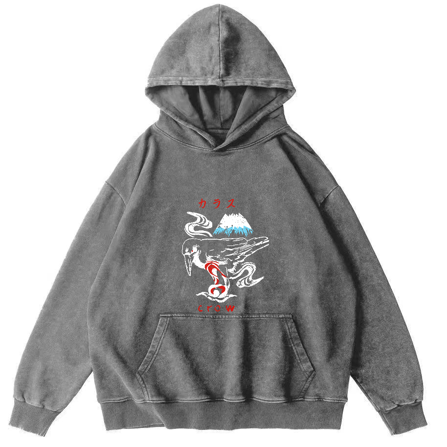 Retro Crow Pattern Vintage Distressed Hoodie-Zazasy