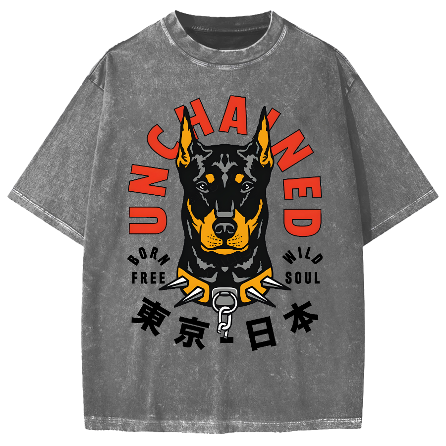 Doberman Pinscher Dog with Unchained Vintage Washed T-shirt