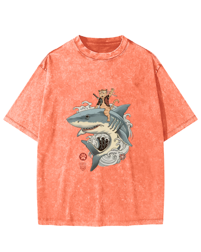 Shark Riding Cat Warrior Japanese Washed T-shirt-Zazasy