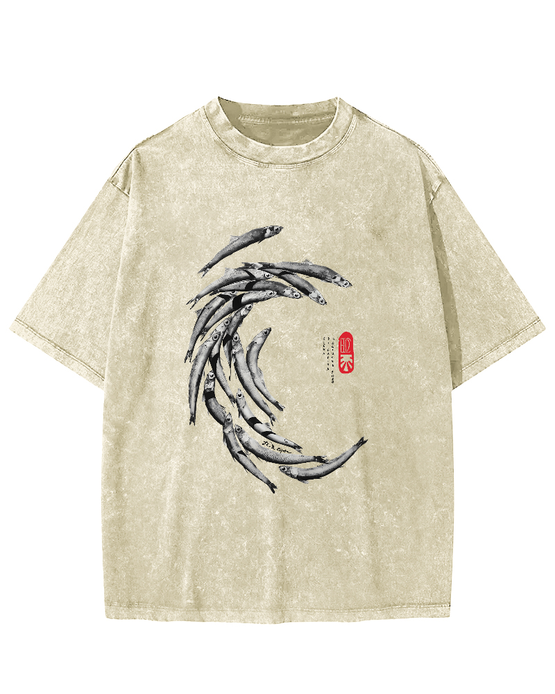 Japanese Fchool Of Fish Pattern Vintage Distressed T-shirt-Zazasy