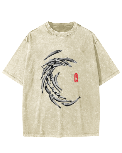 Japanese Fchool Of Fish Pattern Vintage Distressed T-shirt-Zazasy