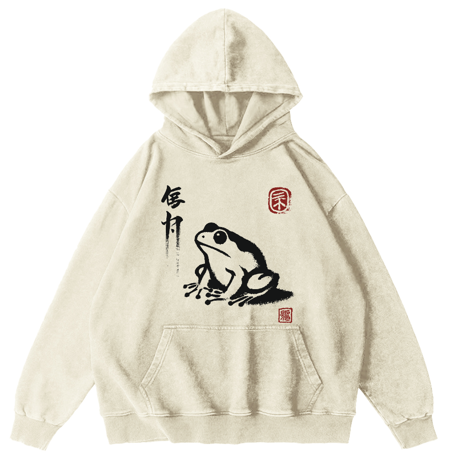 Frog Pattern Japanese Style Vintage Distressed Hoodie-Zazasy