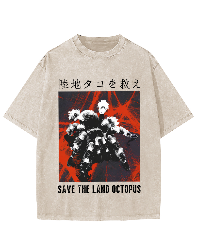 Save The Land Octopus Vintage Washed T-shirt-Zazasy
